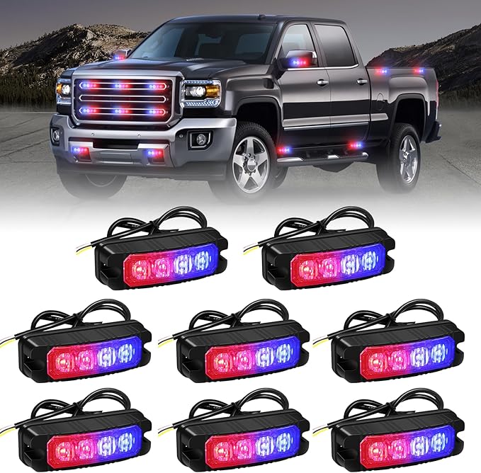 XRIDONSEN 8PCS Sync Grill Police Lights for Truck 32 LED Red Blue Emergency Strobe Lights Flashing Warning Hazard Caution Safety Surface Mount Grille Light for Law Enforcement Vehicles Pickup Car SUV
