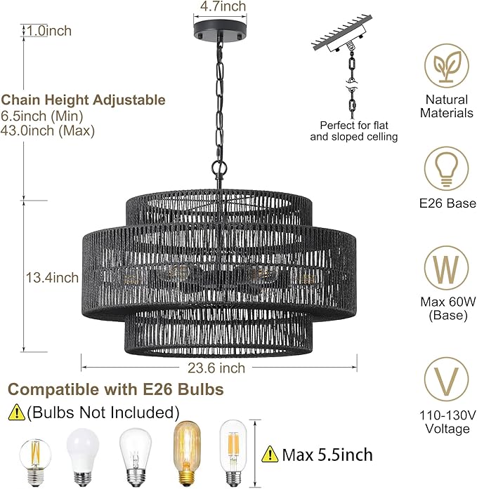 23.6" Black Large Boho Rattan Chandelier Light Fixture, 6-Light Rattan Hand-Woven Rustic Chandelier Drum Pendant Light Fixture for Dining RoomBedroom Living Room Entryway Foyer