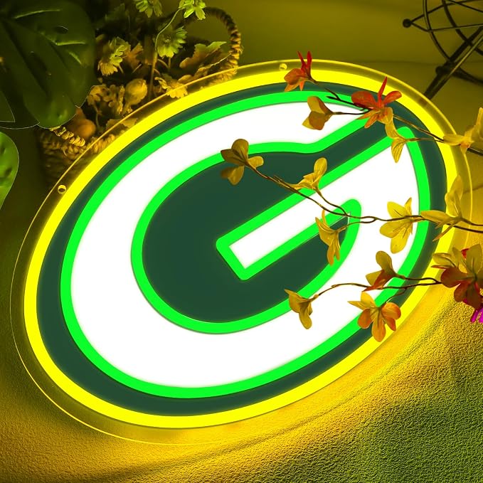 Packers Football Neon Signs Led Sign for Wall Decor Rugby Team Light Up Sign Suitable for Man Cave Office Bar Pub Wall Art Gifts for Teen Boys