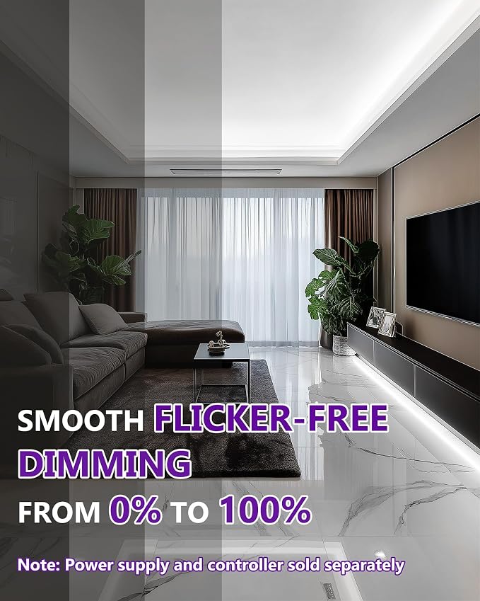 HitLights White COB LED Strip Lights 5000K, 16.4ft 12V Tape, UL Listed | 2640 LEDs, 426 lm/ft, CRI 90+, IP30, High Density, Cuttable, Rope Lighting for Kitchen Cabinets, Power Source Not Included