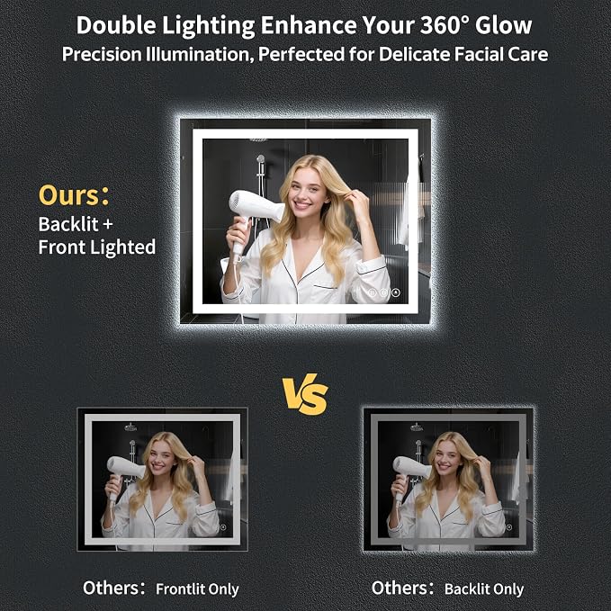 36"x30" LED Bathroom Mirror with Lights, Backlit+Frontlit, Anti-Fog | CRI 95, Stepless Dimmable, 3 Colors Lighting, Shatterproof Tempered Glass, HD Reflection, Memory, (Horizontal/Vertical)
