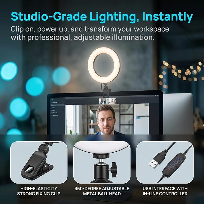 6" Ring Light with Desk Tripod Stand and Clip | Video Conference Lighting, Monitor Laptop Computer Compatible, Zoom Call Live Streaming, Remote Working Learning
