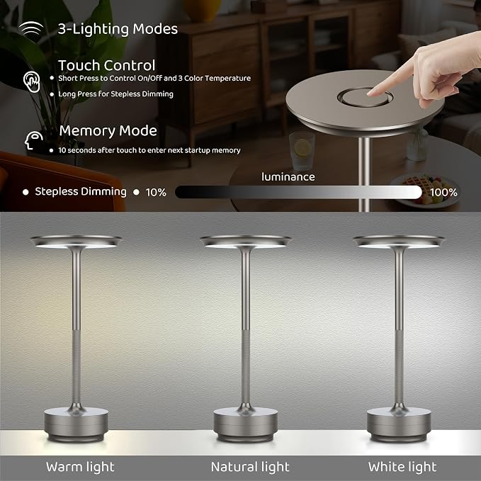 UdoUto Cordless Table Lamp Rechargeable, Silver | 5000mAh Battery Operated, LED, Touch Stepless Dimming, Portable Metal for Patio, Restaurant, Bedroom