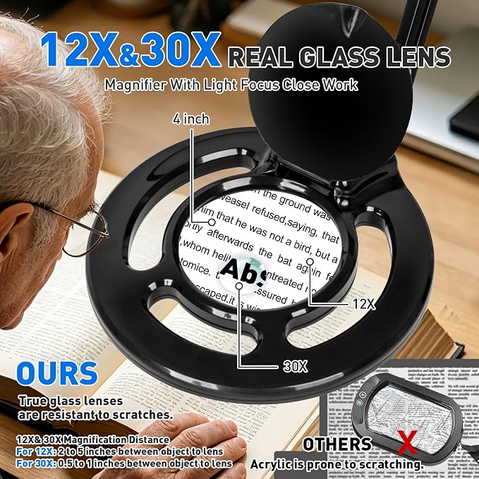 12X 30X Magnifying Glass with Light, KIRKAS 2,200 Lumens LED Magnifier Lamp | with Clamp, Stepless Dimmable Real Glass Lens, Adjustable Arm Workbench Light for Close Work Hobby Repair Craft - Black