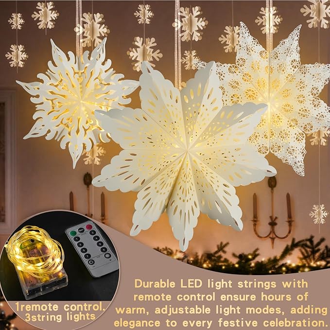 3Pcs Christmas Paper Snowflake Lanterns, Large Christmas Paper Star Lanterns with Lights & Banner White Hanging Snowflake Lamps for Xmas Winter Frozen Weddings Birthday Holiday Party Decorations
