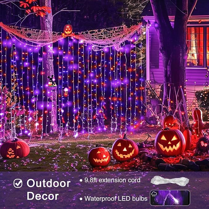 JMEXSUSS 300LED Halloween Curtain Lights, Orange and Purple, 9.8x9.8ft | Remote, Plug in, Window Twinkle Hanging String Lights, For Bedroom, Wall, Party, Backdrop, Yard, Indoor, Outdoor Decor