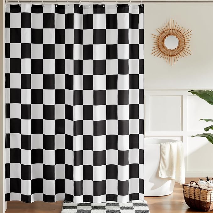 Ohocut Checkered Shower Curtain, Black and White Shower Curtains for Bathroom, Cute Retro Checkboard Shower Curtain Vintage Aesthetic, Washable Fabric Bath Curtain 72''x72''