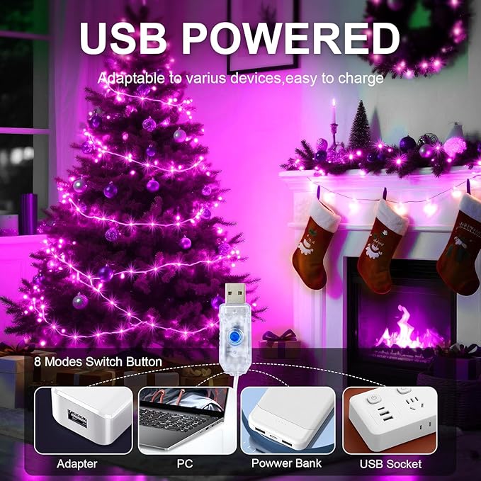 2Pack USB Plug in Fairy String Lights,16ft 50 LED Copper with Remote and Timer, 8 Modes Waterproof Twinkle String Lights Battery Powered for Bedroom Indoor Party Wedding Christmas Decoration (Pink)