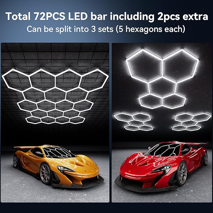 MODERN 18Grids Hexagon Garage Light: 72Pack 574W 70000LM High Brightness Hexagon Garage Lights-Easy Install Honeycomb Ceiling Lights for Warehouse, Gym Basement, Exhibition Hall