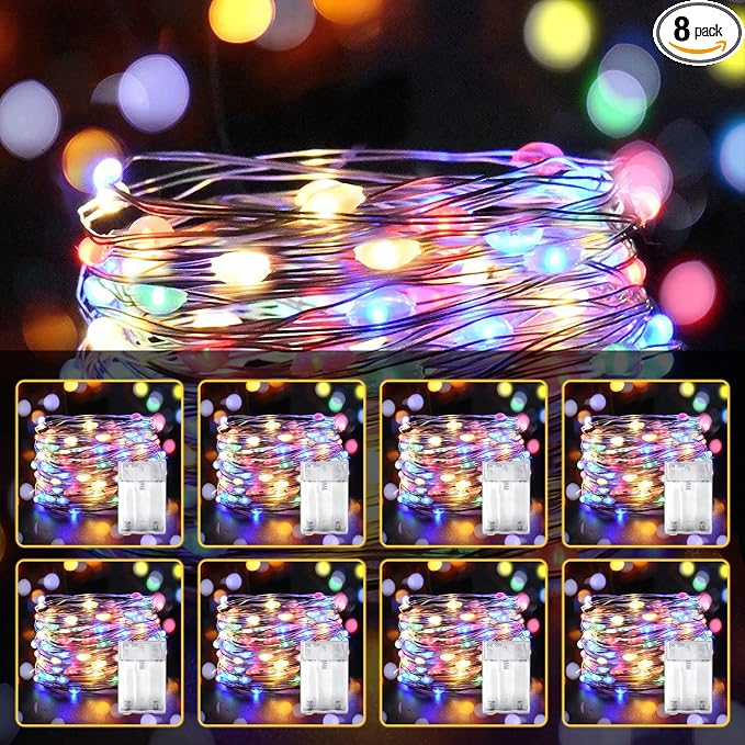 8 Pack LED Fairy Lights Battery Operated 20FT 60 LEDs Silver Wire String Lights Twinkle Lights Starry Fairy Lights for Bedroom Christmas Wedding Party Indoor Outdoor Decorations, Multicolor