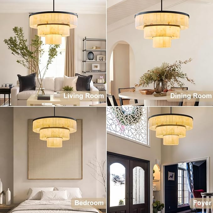 D34.3 Round Alabaster Chandelier, 3-Tier Brass Marble High Ceiling Chandeliers, Modern Dining Room Chandeliers Living Room Light for Entryways, Foyer, Stair, Kitchen Black(Include Bulbs)