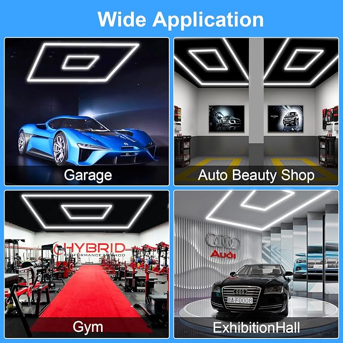 MODERN Hexagon LED Garage Light: Higher Brightness 36720 Lumens Hexagon Garage Led Ceiling Light with 2 Rectangular Borders 6500K for Garage, Auto Beauty Shop, Car Detailing Shop etc.