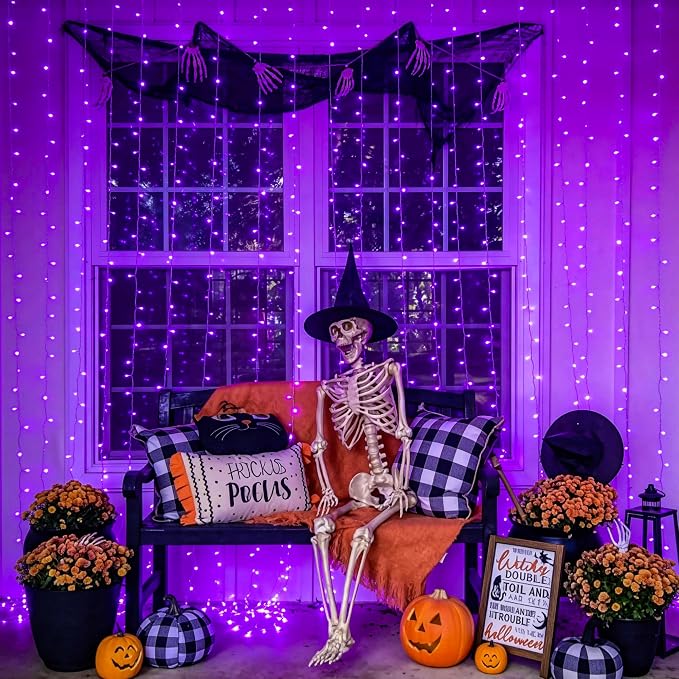 JMEXSUSS 200 LED USB Purple Halloween Lights, 6.5ft x 6.5ft | Halloween Curtain Lights with Remote, 8 Modes Purple Curtain String Lights for Bedroom Party Halloween Decorations