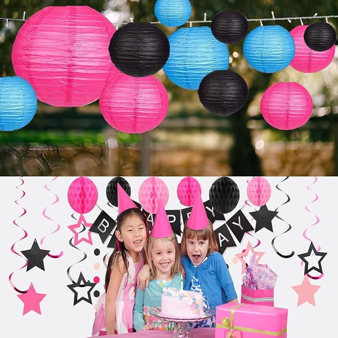 12Pcs Paper Lanterns 6”, 8”, 10”, 12”,Paperlanterns Party Decoration, Blue Black Hot Pink Paper Lanterns for Wedding, Bridal, Birthday, Outdoor, Home, Garden, Holiday and Party.