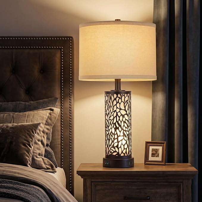 ROTTOGOON 25" Farmhouse Table Lamps for Living Room Set of 2, Rustic Metal Bedroom Lamps with USB A+C Ports Vintage Nightstand Lamp with Night Light, Bulbs Included