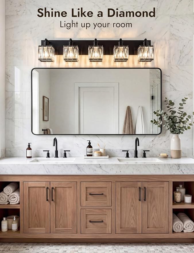 VOLISUN Black Bathroom Light Fixtures, Modern Bathroom Lighting Fixtures Over Mirror, 5 Light Bathrooms Vanity Light, Crystal Vanity Light for Bathrooms-UL Certificated(Exclude Bulb)