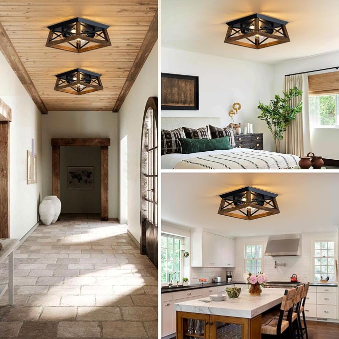 2-Light Farmhouse Light Fixture, Rustic Ceiling Light with Wood and Metal Design, Wood Ceiling Light for Kitchen, Hallway, Entryway, Cabinet, Living Room