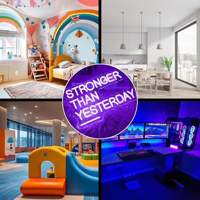 Stronger Than Yesterday Neon Sign for Wall Decor Gym Neon Light Purple Letter Neon light sign Dimmable USB Powered LED Neon Signs for Home Gymmer Fitness Club Classroom