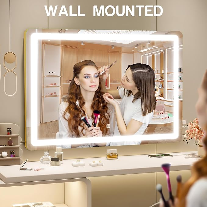 ROLOVE Gold Vanity Mirror with Lights, 32" x 22" Large Lighted Vanity Mirror with Dimmable 3 Modes, LED Makeup Mirror, USB Charging Port, Tabletop or Wall-Mounted