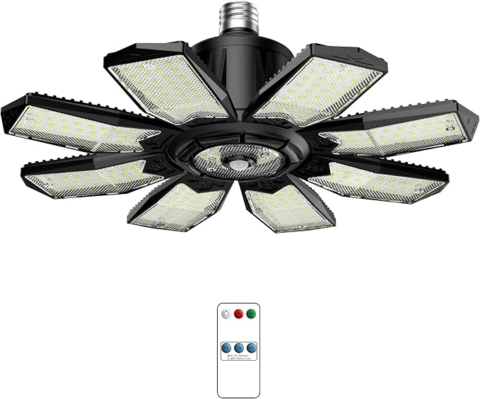250W Motion Sensor Garage Light, 25000LM,6500K Daylight, E26 Base, 1 Pack | Dual Control Design, 3 Lighting Modes, 8+1 LED Deformable Panels, 360° Detection, for Garage Workshop Barn Attic