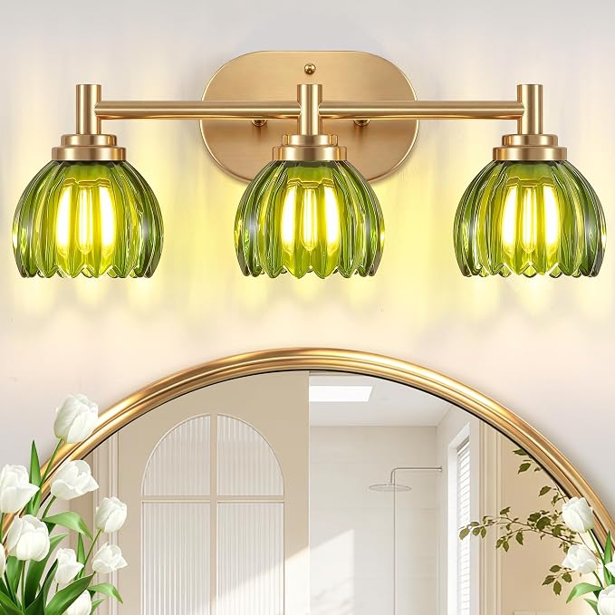 Bathroom Light Fixtures, 3-Light Brushed Gold Vanity Lights for Bathroom with Tulip Green Glass Shade, Bathroom Vanity Lighting Over Mirror, Gold Wall Lamps for Bedroom, Living Room, Hallway
