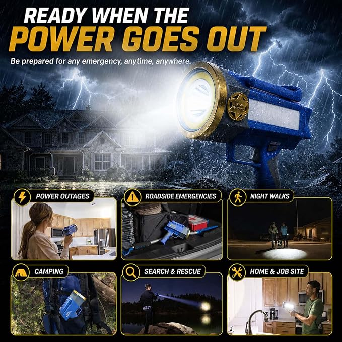 30,000 Candela Rechargeable Spotlight with Turbo Boost | Rechargeable spotlight with 10 light modes, Turbo Boost, kickstand and phone charger for emergencies and camping