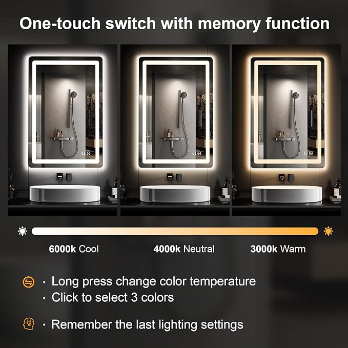 LED Bathroom Vanity Mirror with Lights, 20"x30" Lighted Wall Mirror | Front and Backlit, Anti Fog, Dimmable 3 Color Lighting, Memory Function, Shatterproof Glass, Plug in or Hardwired