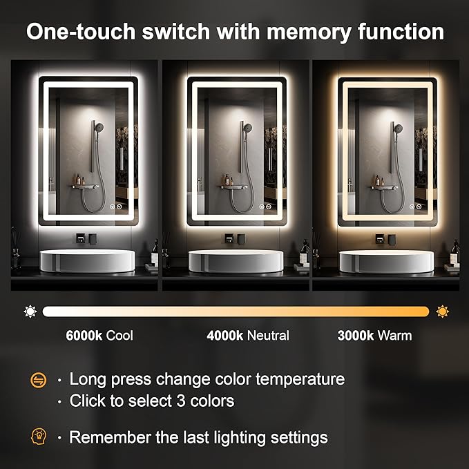 LED Bathroom Vanity Mirror with Lights, 32"x24" Lighted Wall Mirror | Front and Backlit, Anti Fog, Dimmable 3 Color Lighting, Memory Function, Shatterproof Glass, Plug in or Hardwired