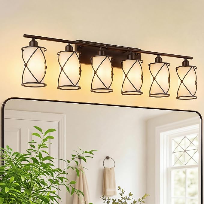 6-Light Oil Rubbed Bronze Bathroom Light Fixtures with Milk Frosted Glass, 42" Modern Bathroom Vanity Lighting Fixtures Over Mirror with Metal Cage, Wall Sconce Lights for Bath, CH9176ORBW-6W