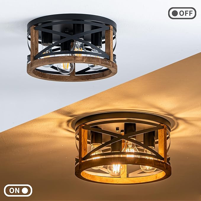 Farmhouse Light Fixtures, 4-Light Round Flush Mount Ceiling Light with Wood and Metal Frame, Black Rustic Ceiling Light for Hallway, Entryway, Bedroom, Kitchen