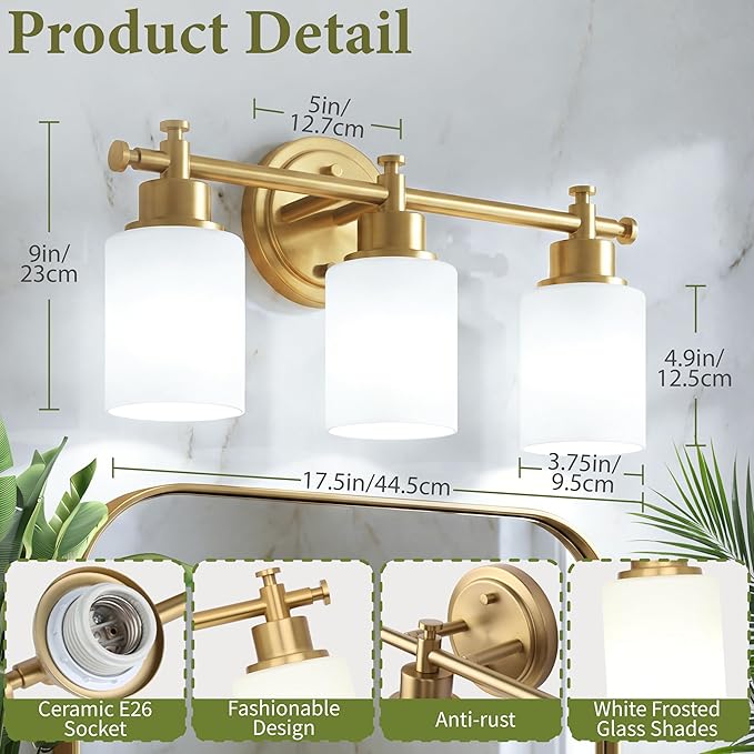 3-Light Bathroom Vanity Light, Brushed Gold Vanity Lights for Bathroom, Modern Champagne Gold Wall Sconce with White Glass Shades, Anti-Rust Light Fixtures over Mirror (Bulbs Not Included, E26 Base)