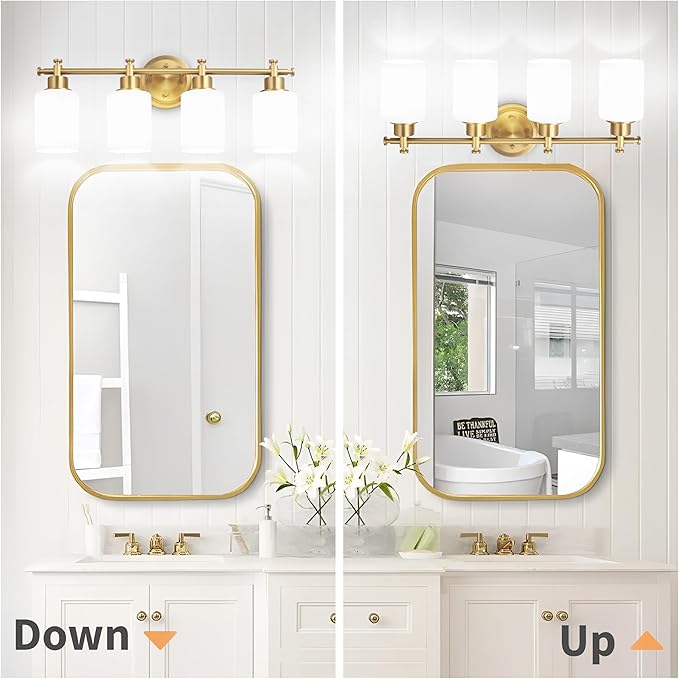 4-Light Bathroom Vanity Light, Brushed Gold Vanity Lights for Bathroom, Modern Brushed Gold Wall Sconce with White Glass Shades, Anti-Rust Light Fixtures over Mirror (Bulbs Not Included, E26 Base)