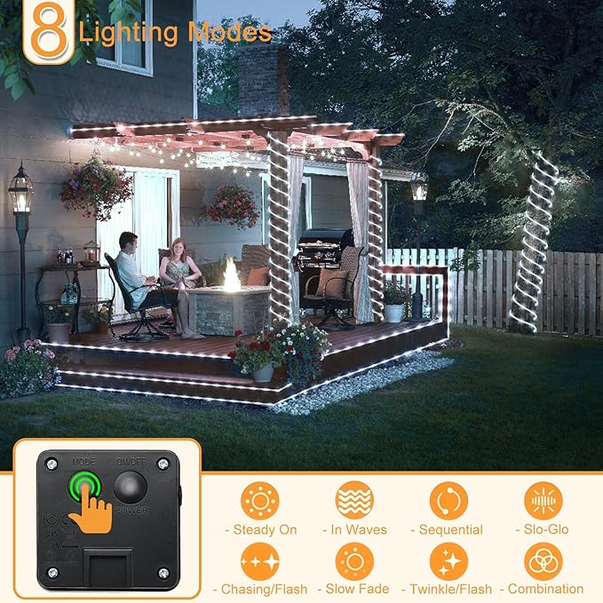 Solar Rope Lights Outdoor Waterproof, 33FT 135 LED Solar String Lights for Outside, White 8 Modes Solar Powered Fairy Light for Pool Trampoline Backyard Patio Tree Party Decorations, White
