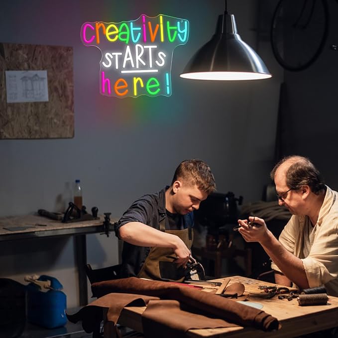 Creativity Starts Here Neon Sign Positive Quote Led Sign Colorful Letter Neon Light for Art Studio Business Office Party Classroom Decor(16.54 * 12.6In)