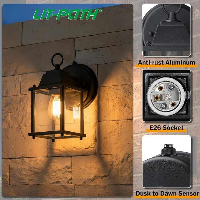 Outdoor Wall Light Fixture, Rustproof Aluminum, Clear Glass | Dusk to Dawn Exterior Porch Light Wall Sconce Lantern for House, Patio, Garage, Waterproof, E26 Socket 60W Max, Black, 1 Pack