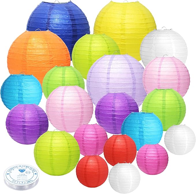 21 Pcs Hanging Paper Lanterns Decorative, Colorful Party Lanterns (4/6/8/10 Inch) Multicolor Chinese/Japanese Paper Hanging Decorations Ball for Classroom, Outdoor Party, Wedding, Birthday Decor
