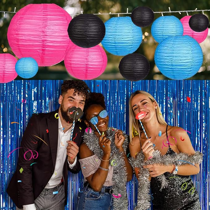 12Pcs Paper Lanterns 6”, 8”, 10”, 12”,Paperlanterns Party Decoration, Blue Black Hot Pink Paper Lanterns for Wedding, Bridal, Birthday, Outdoor, Home, Garden, Holiday and Party.