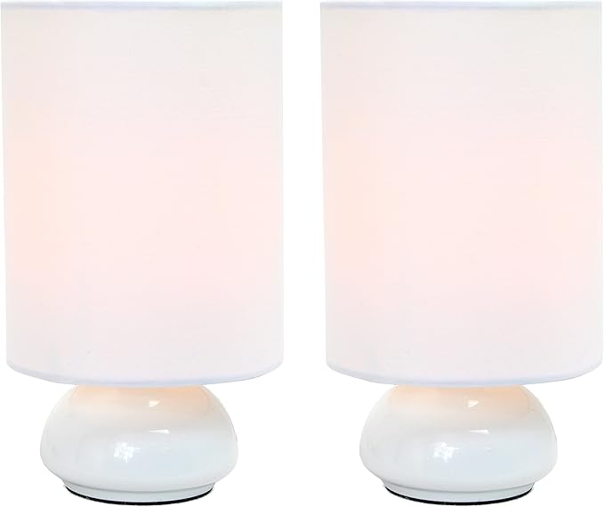 Simple Designs LT2043-WHT-2PK 9" Gemini 2 Pk Contemporary 4 Settings Touch Metal Mini Round Table Lamp Set w Fabric Shades for Décor,Nightstand,End Table,Bedroom,Living Room,Office,Foyer, WHT