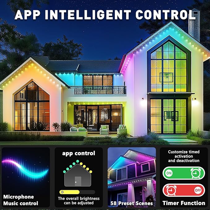 100FT Permanent Outdoor Lights, IP67 Waterproof for House Roof, Holiday, Party, Daily Lighting, Smart RGB Outdoor Lights with Remote APP Control & DIY Scenes