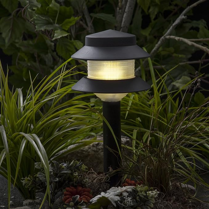 GreenLighting Paradise Low Voltage Landscape Pathway Lights - 2 Tier Outdoor Garden Lights - Easy, Simple Installation - Walkway, Lawn, Landscape Lighting (Black, 4 Pack)