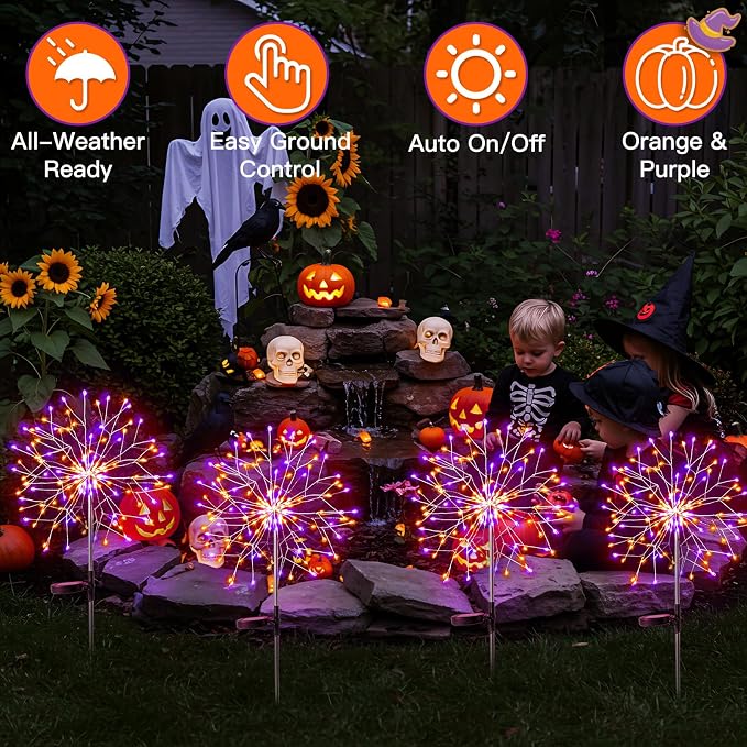 Solar Halloween Lights Outdoor Solar Powered, Upgrade 2-Pack Orange & Purple Solar Firework Lights, Waterproof Garden Light for Yard Pathway Patio Flowerbed Halloween Decorations