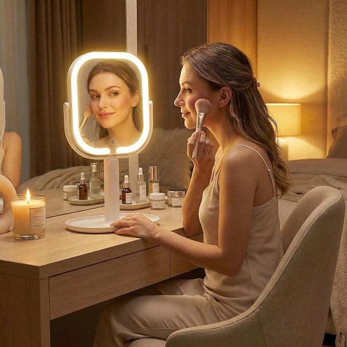 Makeup Mirror with Lights, 1X/10X Magnifying Mirror with Light, Rechargeable Lighted Makeup Mirror with Magnification, 3-Color Lighting, Height Adjustable 360° Rotation Desk Mirror, Gift for Women