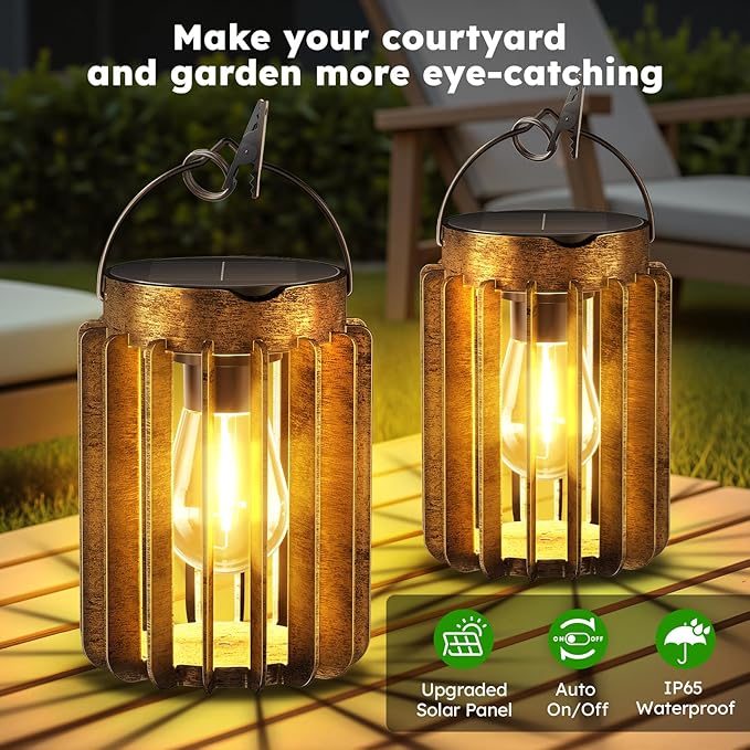 2 Pack Solar Lanterns Outdoor Waterproof, Retro Metal Hanging Lantern | 12-Hr Runtime Outdoor Solar Lantern, Auto On At Dusk, High Bright Hanging Solar Lights for Garden Porch Patio Yard Decor