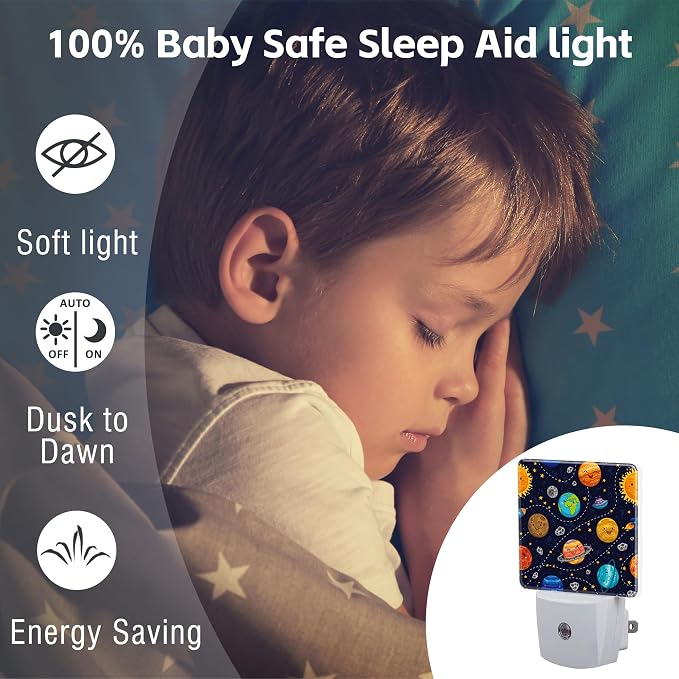 Cartoon Solar System Planets Night Light Plug into Wall,Space Stars Planets Dusk to Dawn Night Light Plug in,0.5w Energy Saving Sleep Friendly NightLight for Kids Boys Girls Home Decor