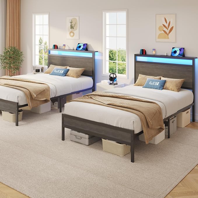 Fluest Twin Bed Frame with Headboard & Footboard, Twin Bed Frame with Charging Station & LED Light, Under-Bed-Storage, No Box Spring Needed, Noise Free, Easy Assembly, Rustic Grey