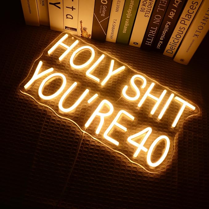 40th Birthday Neon Lights Holy Shit You're 40 LED Signs Forty years old for 40th Wedding Anniversary Party Decorations Warm LED Light for Wife, Mom, Daughter, Sister, Aunt