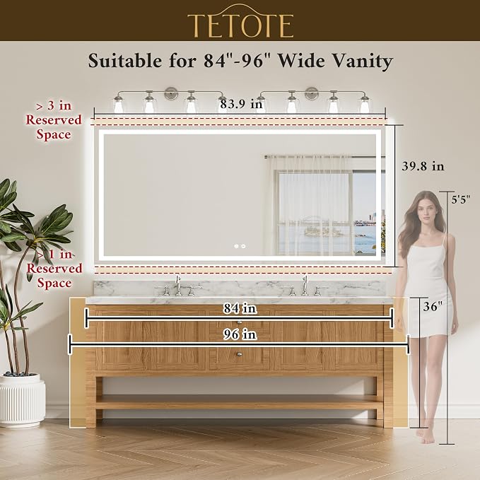 84 x 40 LED Lighted Bathroom Mirror with Lights Wall Mounted, Brighter Front and Backlit Led Vanity Mirror, 3-Color Dimmable Light up Anti Fog Mirror, Waterproof, Shatterproof Tempered Glass