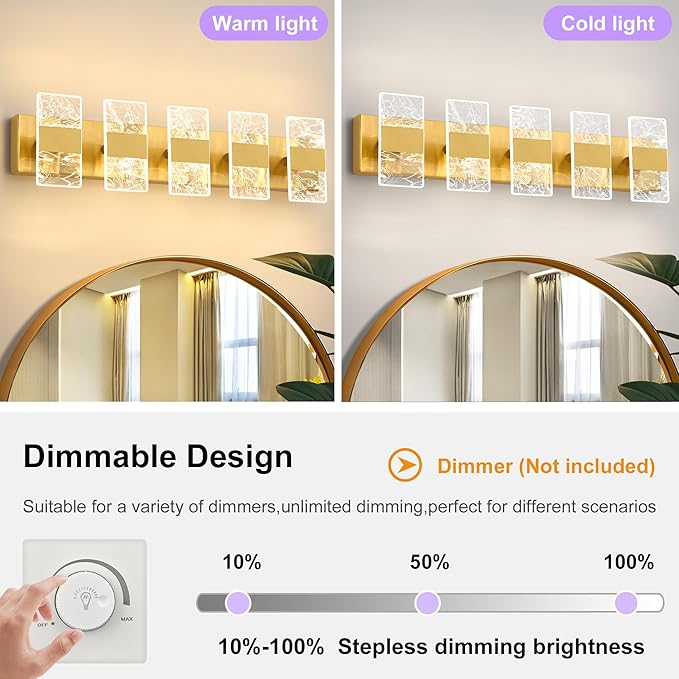 Modern LED Bathroom Light Fixtures Dimmable 5-Light Gold Vanity Light, 5CCT Adjustable Lighting Fixture Vanity Lights Over Mirror, Smoked Acrylic LED Vanity Lights for Bathroom