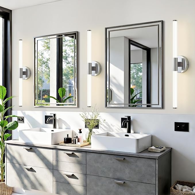 Bathroom Vanity Lights Chrome Dimmable LED 360° Full Lighting Bathroom Light Fixtures Over Mirror 23 inch Vanity Light Bar Hardwired Modern Wall Sconce 4000K Light for Bedroom Living Room