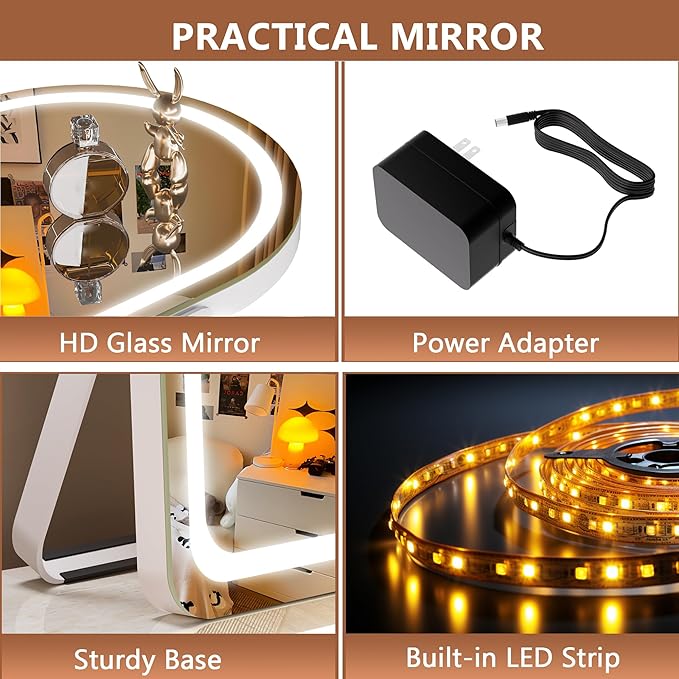 Hasipu Vanity Mirror with Lights, 11"× 14" Arched LED Makeup Mirror, Lighted Makeup Mirror with Lights, Smart Touch Control Dimmable 3 Modes Light 360°Rotation White